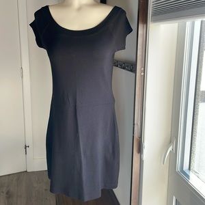 Philosophy, Black Ribbed Cotton dress with rounded neck and capped sleeves.